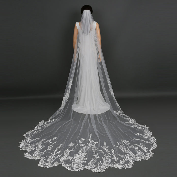 120-inch scalloped floral vine embroidered lace bridal veil with rhinestone crystals, full-length view in ivory.