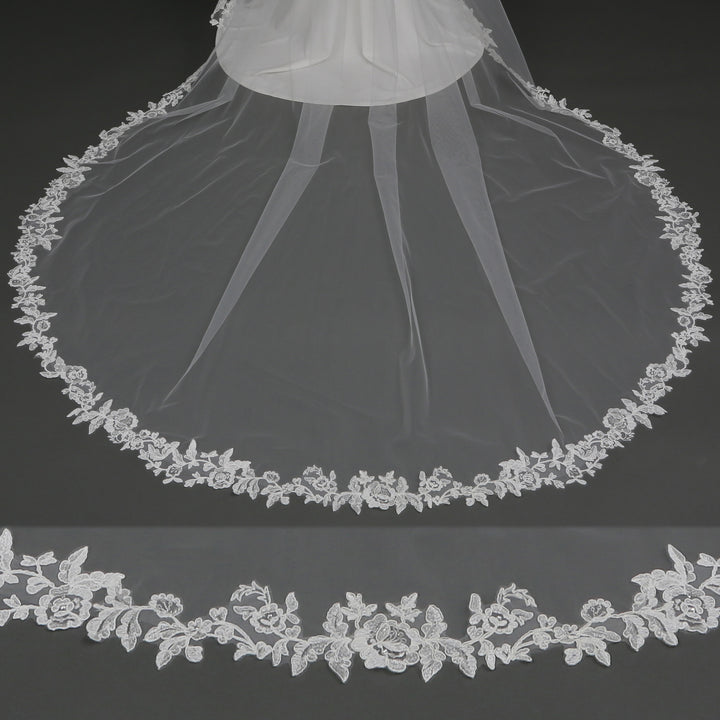 Intricate edge embroidery on FS6217-AC bridal veil.