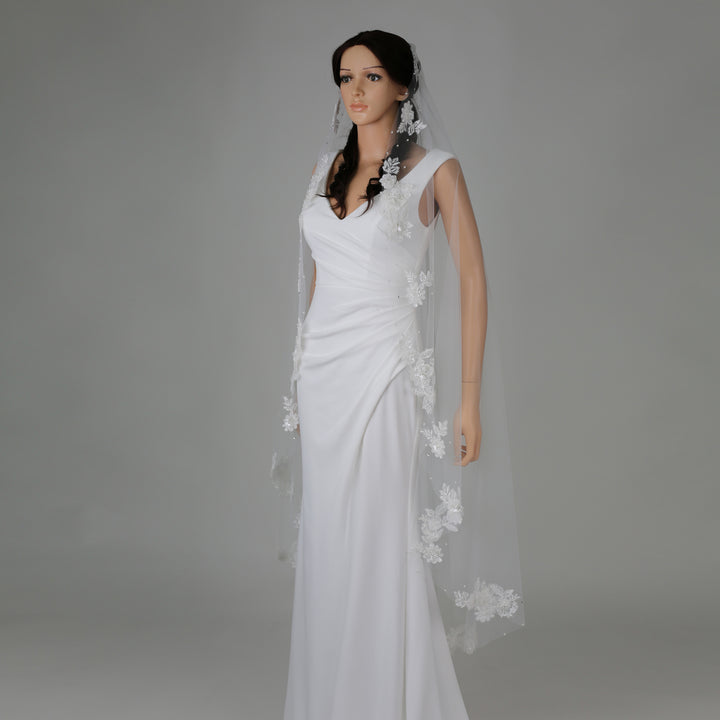 FS6219-M mantilla bridal veil with floral vine embroidered lace, full-length view.