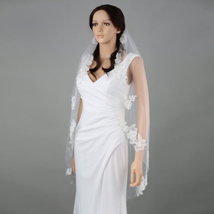 FS6219 chapel-length bridal veil with floral embroidery, full view.