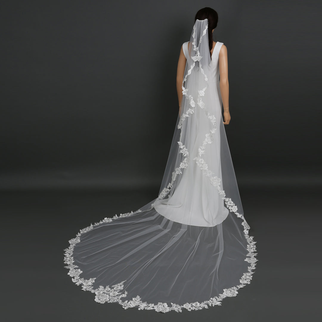 FS6221-AC chapel-length bridal veil with crystal and pearl accents, full view.