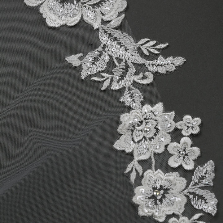 Detail of FS6221-AC lace veil with bead and crystal embellishments.