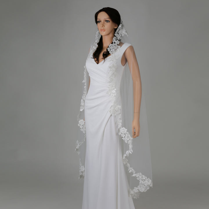 FS6221-M mid-length floral embroidered bridal veil, full-length view.