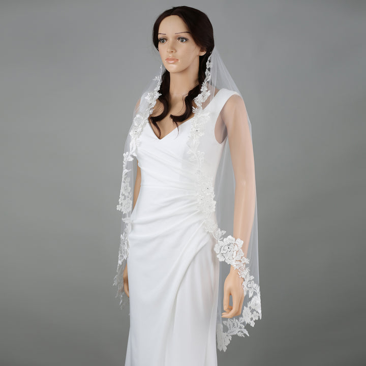 FS6221 floral embroidered bridal veil, full-length view.