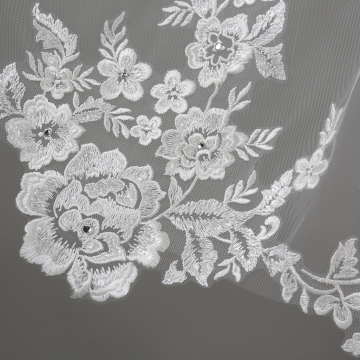 Detail of FS6221 floral lace veil with bead embellishments.