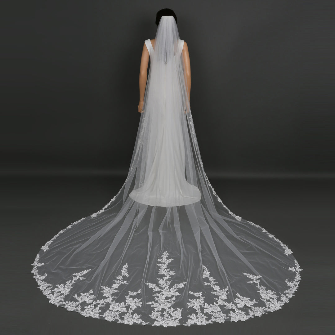 FS6224A chapel-length bridal veil with intricate floral embroidery, full-length view.