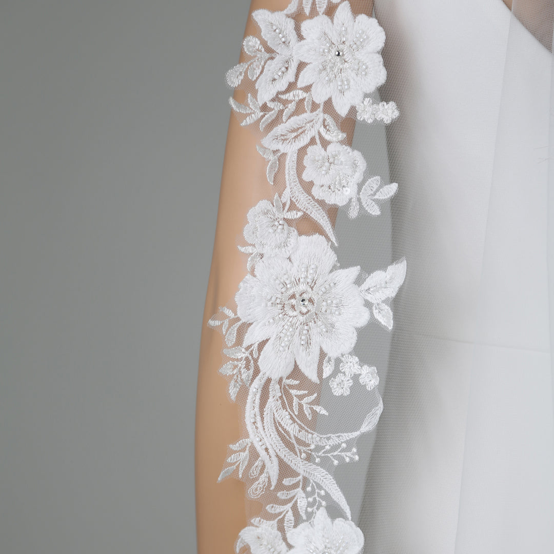 Detail of FS6225-M lace veil with bead and pearl embellishments.