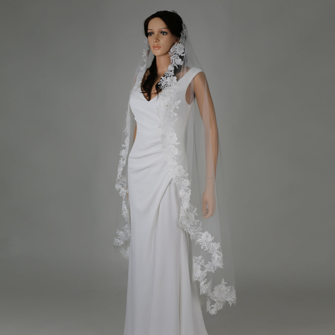 FS6225-M mid-length floral embroidered bridal veil, full-length view.