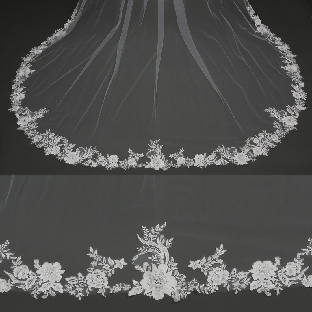 FS6225 fingertip-length floral embroidered lace bridal veil, full-length view.