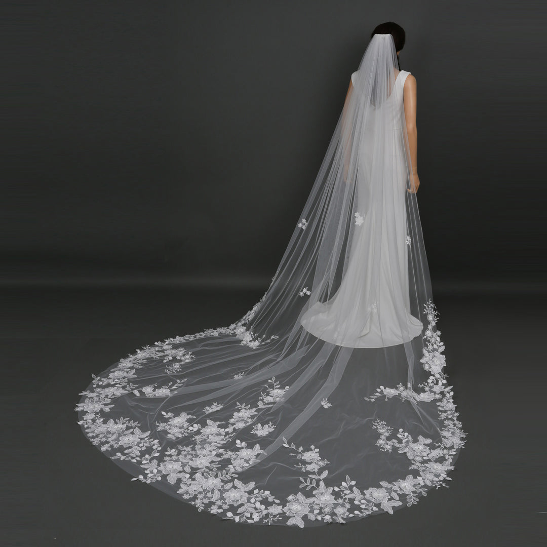 FS6227 chapel-length bridal veil with floral lace embroidery, full view.