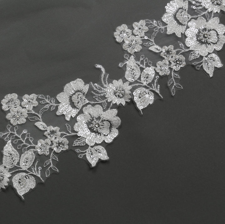 FS6230 close-up of rhinestone accents on floral lace embroidery.