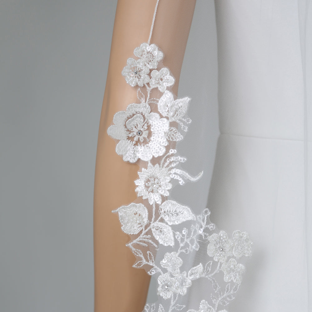 Side view of FS6230 showcasing scalloped lace edges and elegant flow.