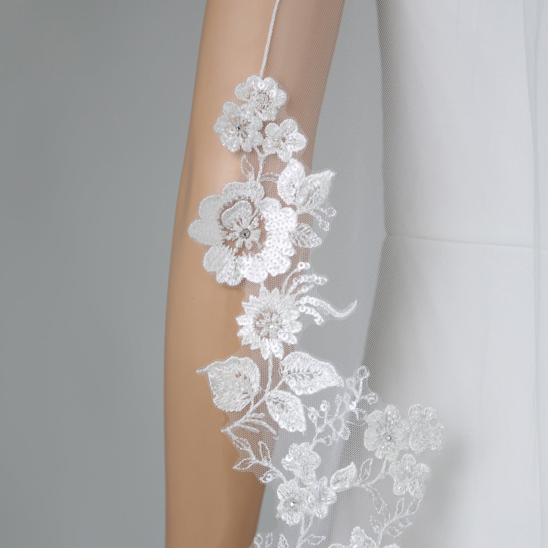 Side view of FS6230 showcasing scalloped lace edges and elegant flow.