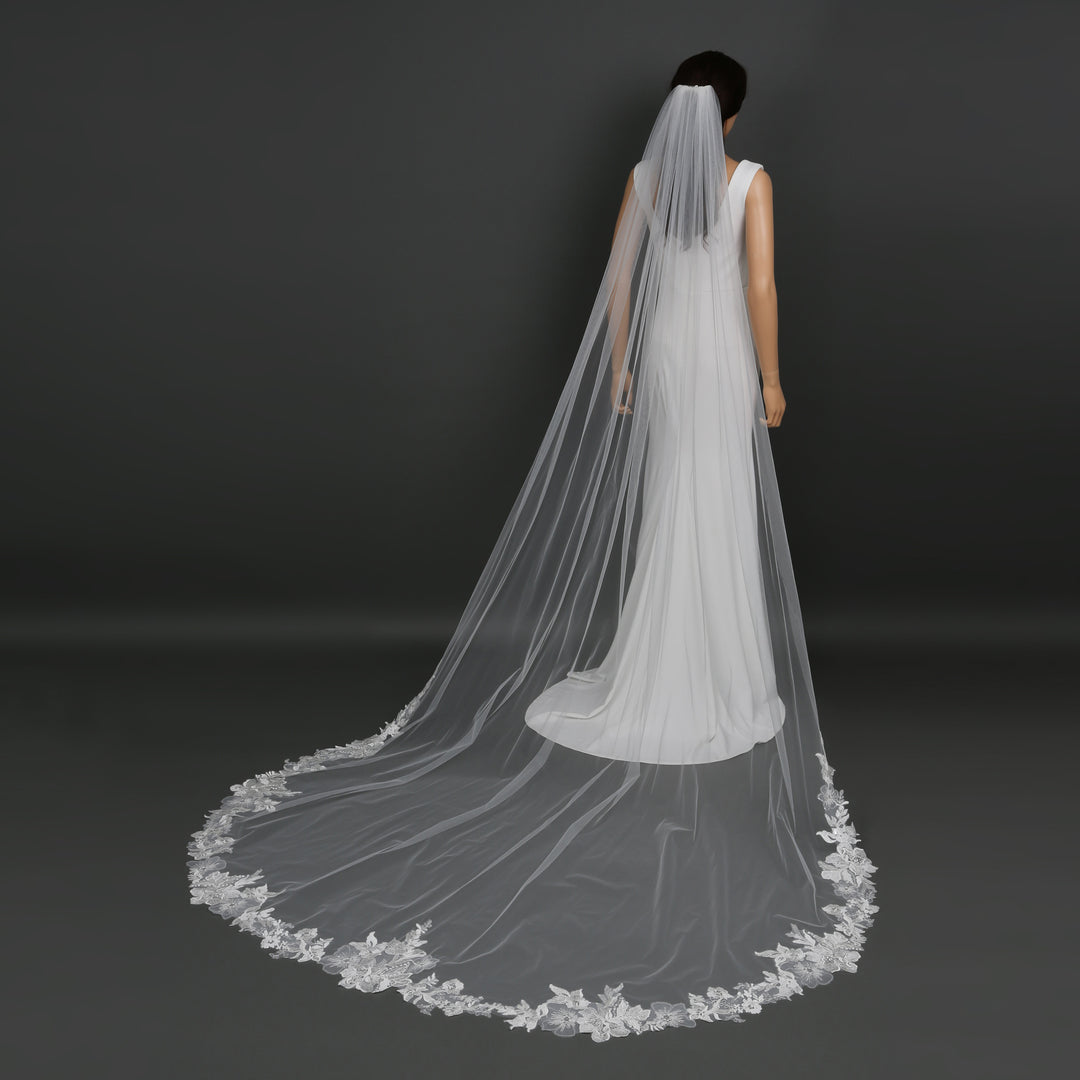 FS6231 cathedral-length bridal veil with intricate floral lace embroidery, full-length view.