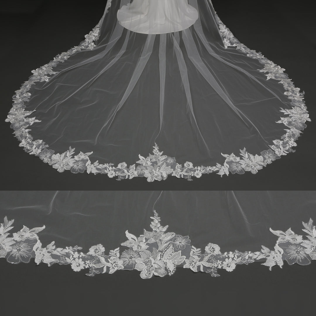 FS6231 bridal veil styled on mannequin, highlighting cathedral-length design.