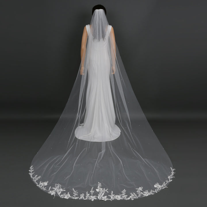 FS6235-P mid-length bridal veil with floral lace embroidery, full-length view.