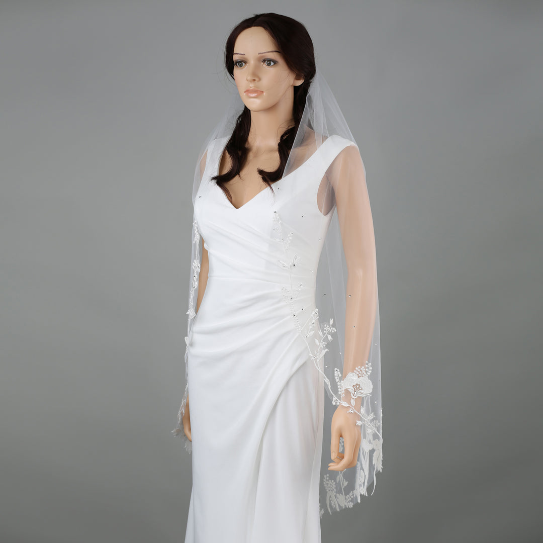 FS6235 mid-length bridal veil with floral lace embroidery, full-length view.