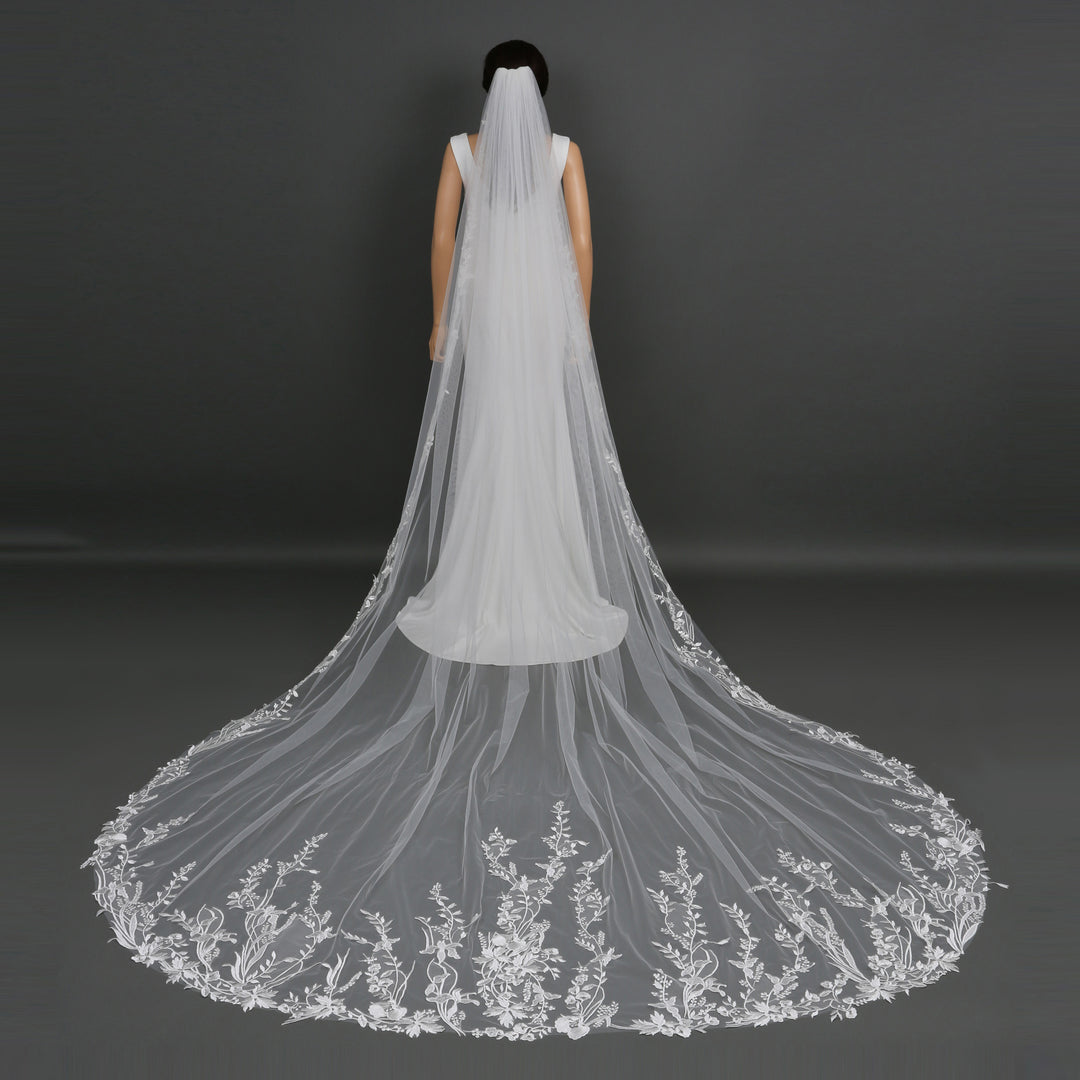 FS6236 chapel-length bridal veil with intricate lace embroidery, full-length view.