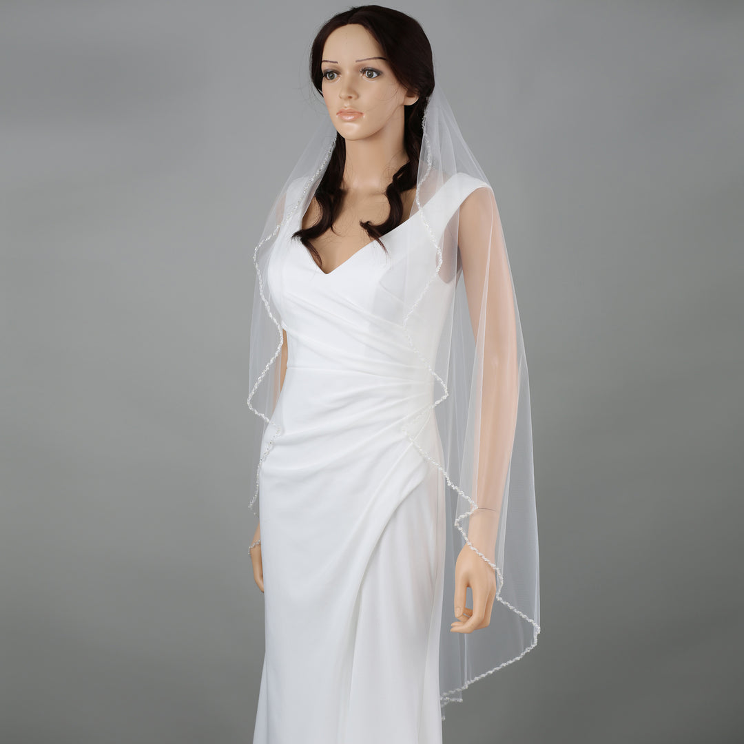 FS6238-AC chapel-length bridal veil with intricate lace embroidery, full-length view.