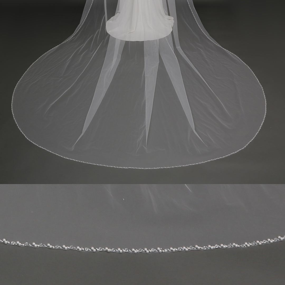 FS6240 cathedral-length bridal veil with floral lace embroidery, full-length view.