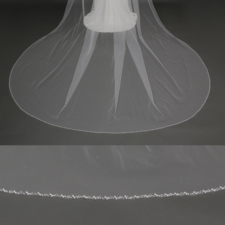 FS6240 cathedral-length bridal veil with floral lace embroidery, full-length view.