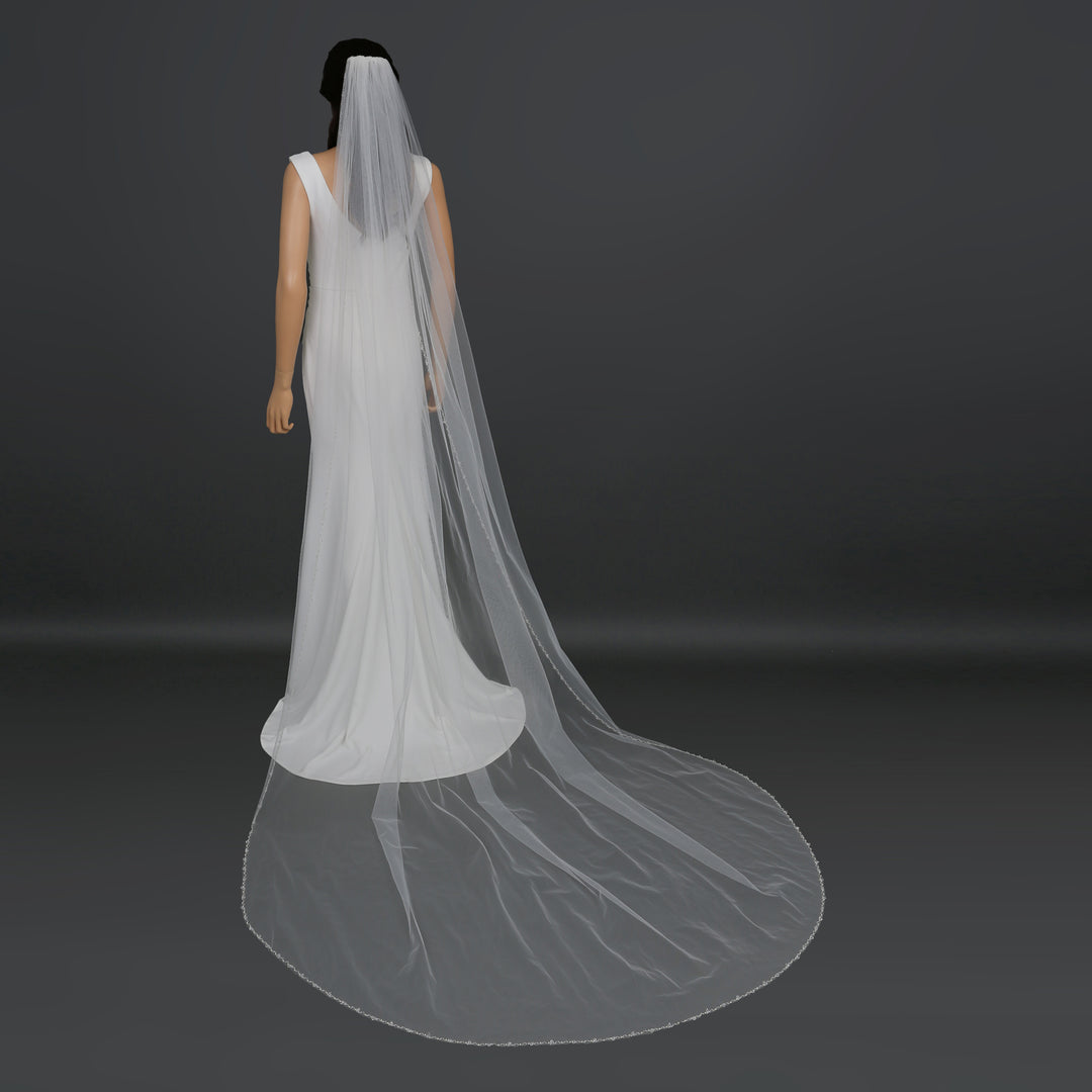 FS6244 bridal veil styled on mannequin, highlighting chapel-length design.