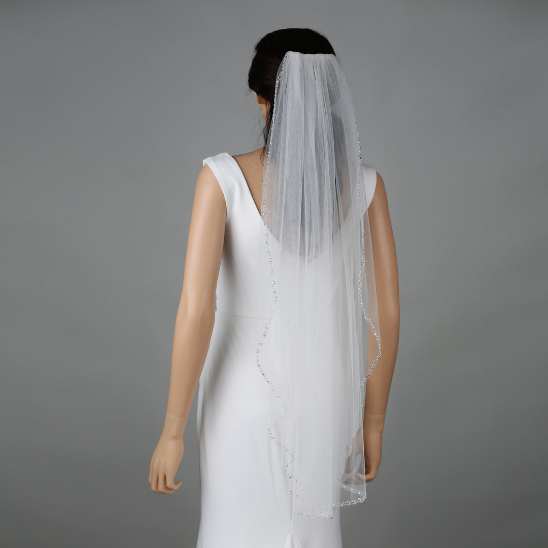 FS6246 styled on mannequin emphasizing scalloped lace edges.