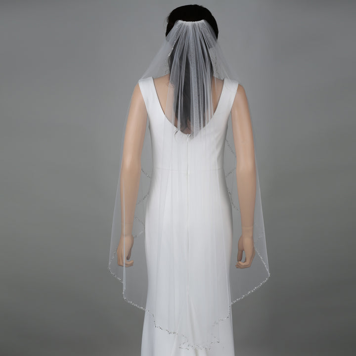 FS6249-AC bridal veil styled on mannequin, highlighting chapel-length design.