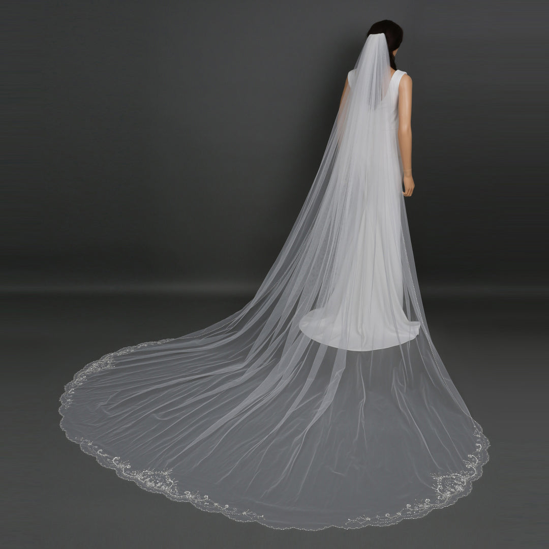 FS6252A cathedral-length bridal veil with floral lace embroidery, full-length view.