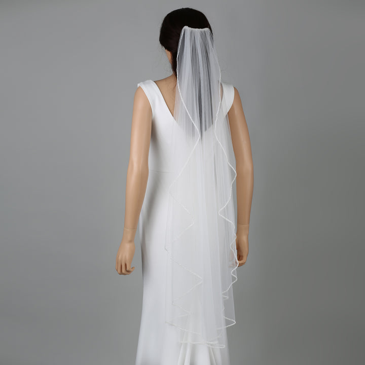 FS6262-1-AC chapel-length bridal veil with crystal and pearl accents, full view.