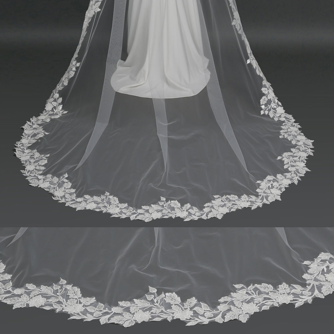 FS6278 chapel-length bridal veil with intricate lace embroidery, full-length view.