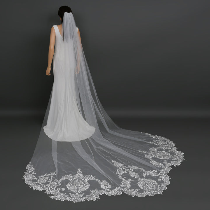 Side view of FS6285 showcasing scalloped lace edges and elegant flow.