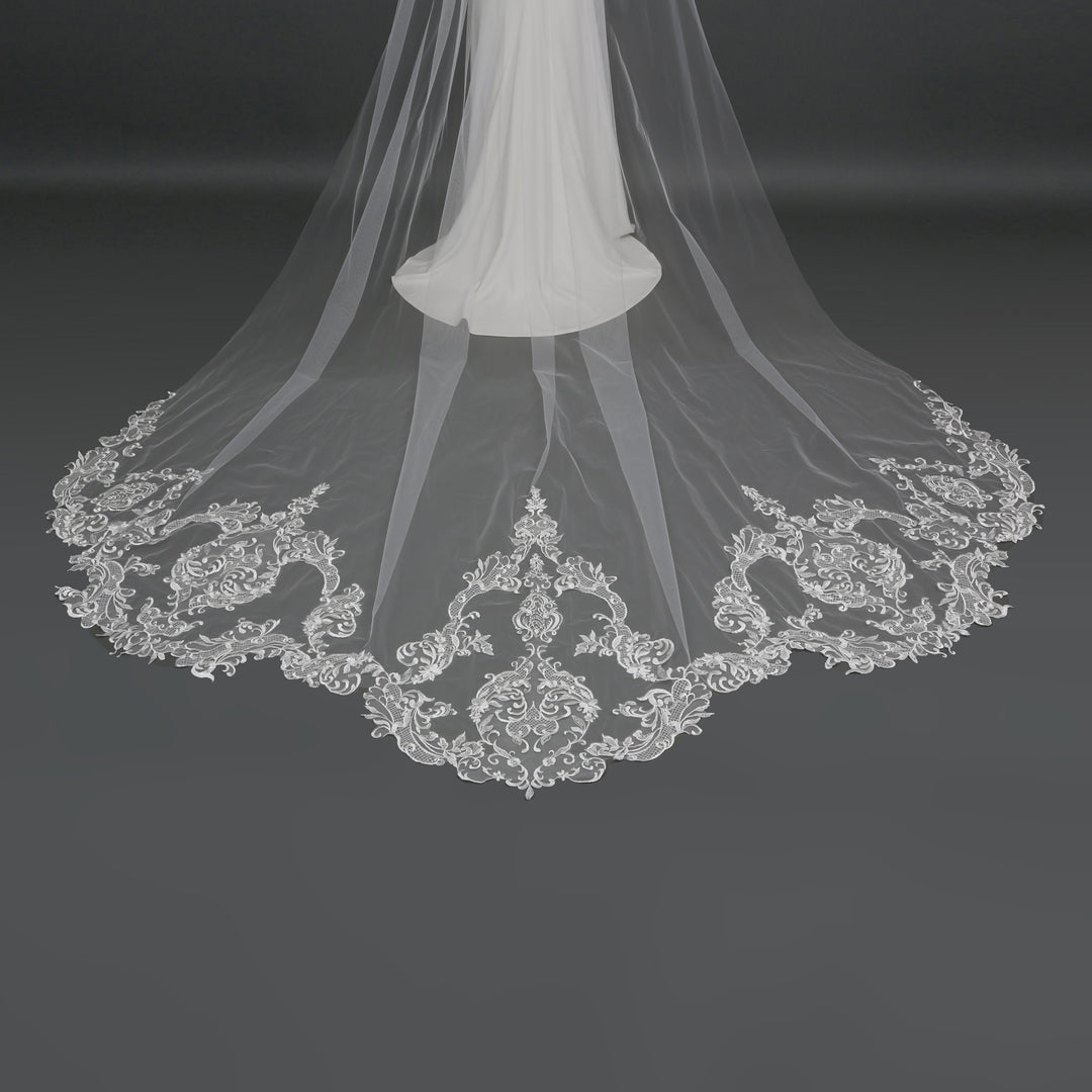 Detail of FS6285 floral lace veil with bead and sequin embellishments.