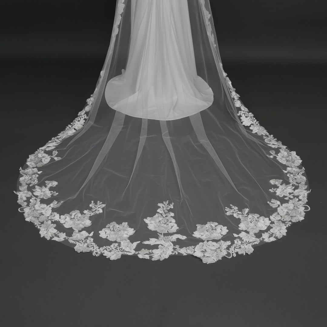 Detail of FS6288A floral lace veil with bead and crystal embellishments.