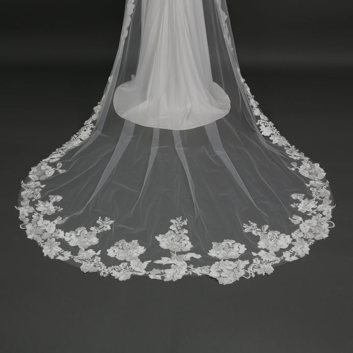 Detail of FS6288A floral lace veil with bead and crystal embellishments.