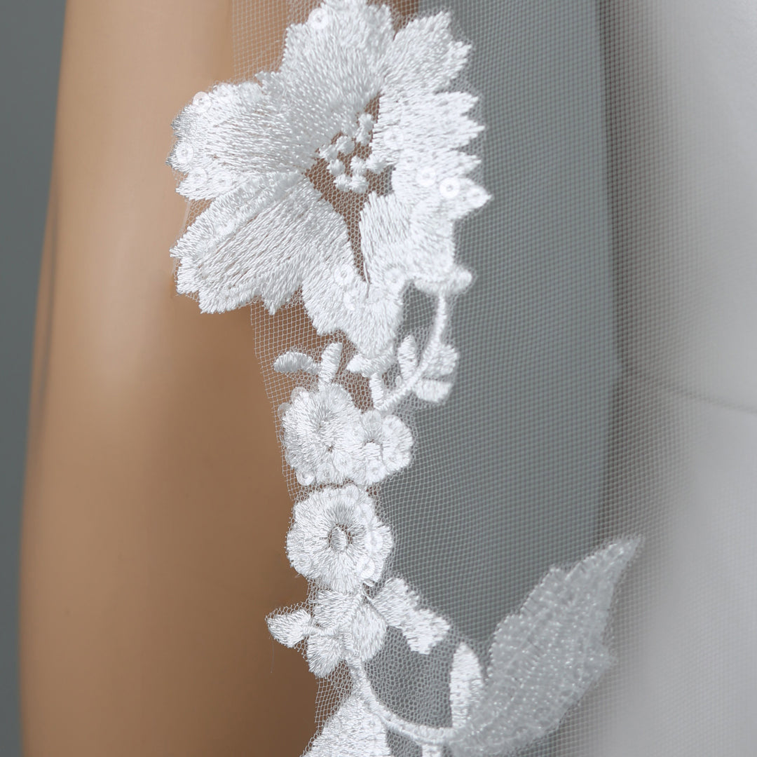 FS6288 cathedral-length bridal veil with floral lace embroidery, full-length view.