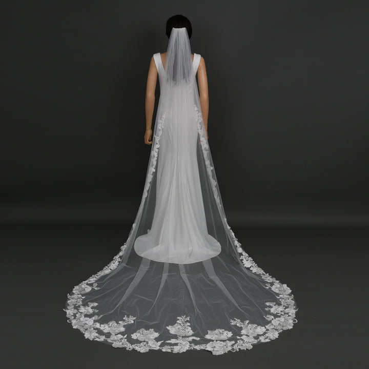 Side view of FS6288A showcasing scalloped lace edges and elegant drape.