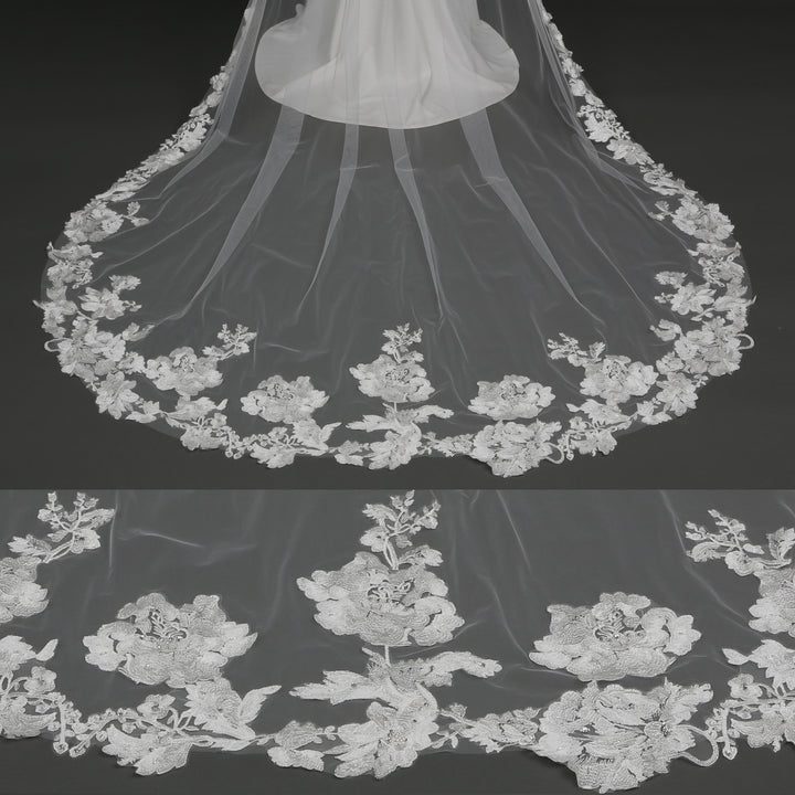 FS6288A chapel-length bridal veil with intricate lace embroidery, full view.