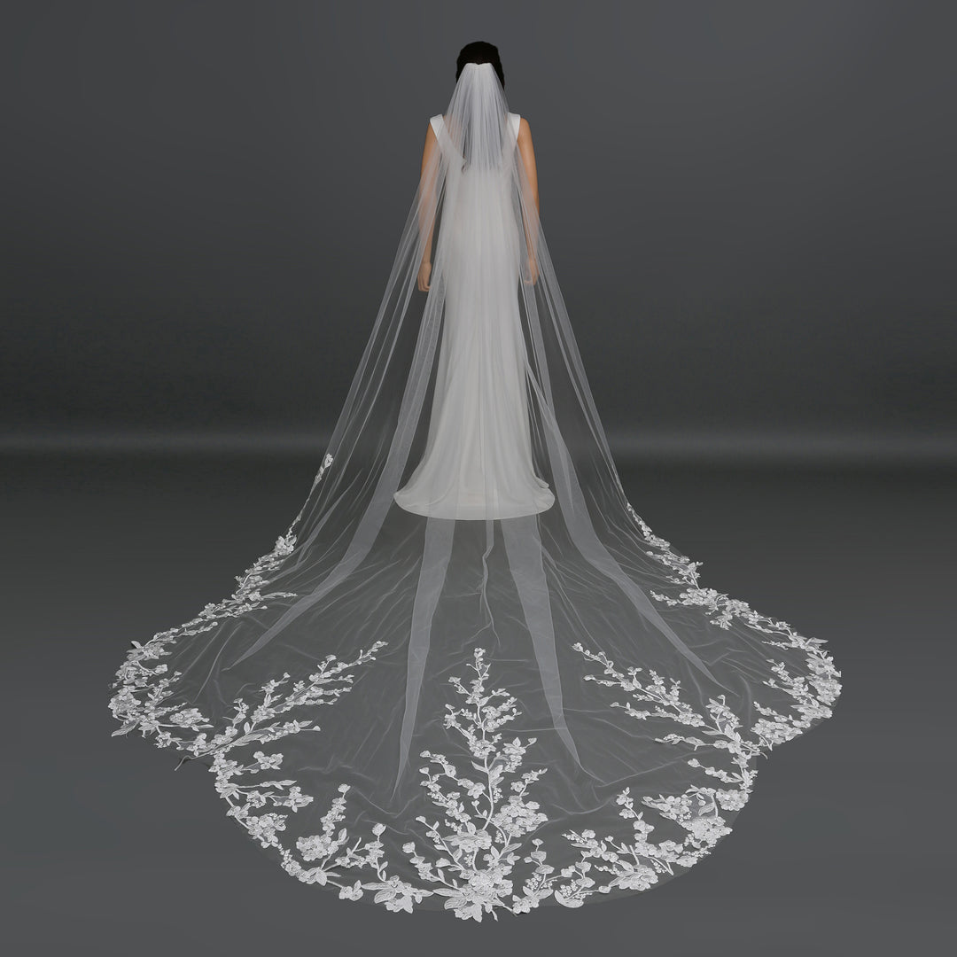 FS6290 chapel-length bridal veil with intricate lace embroidery, full-length view.