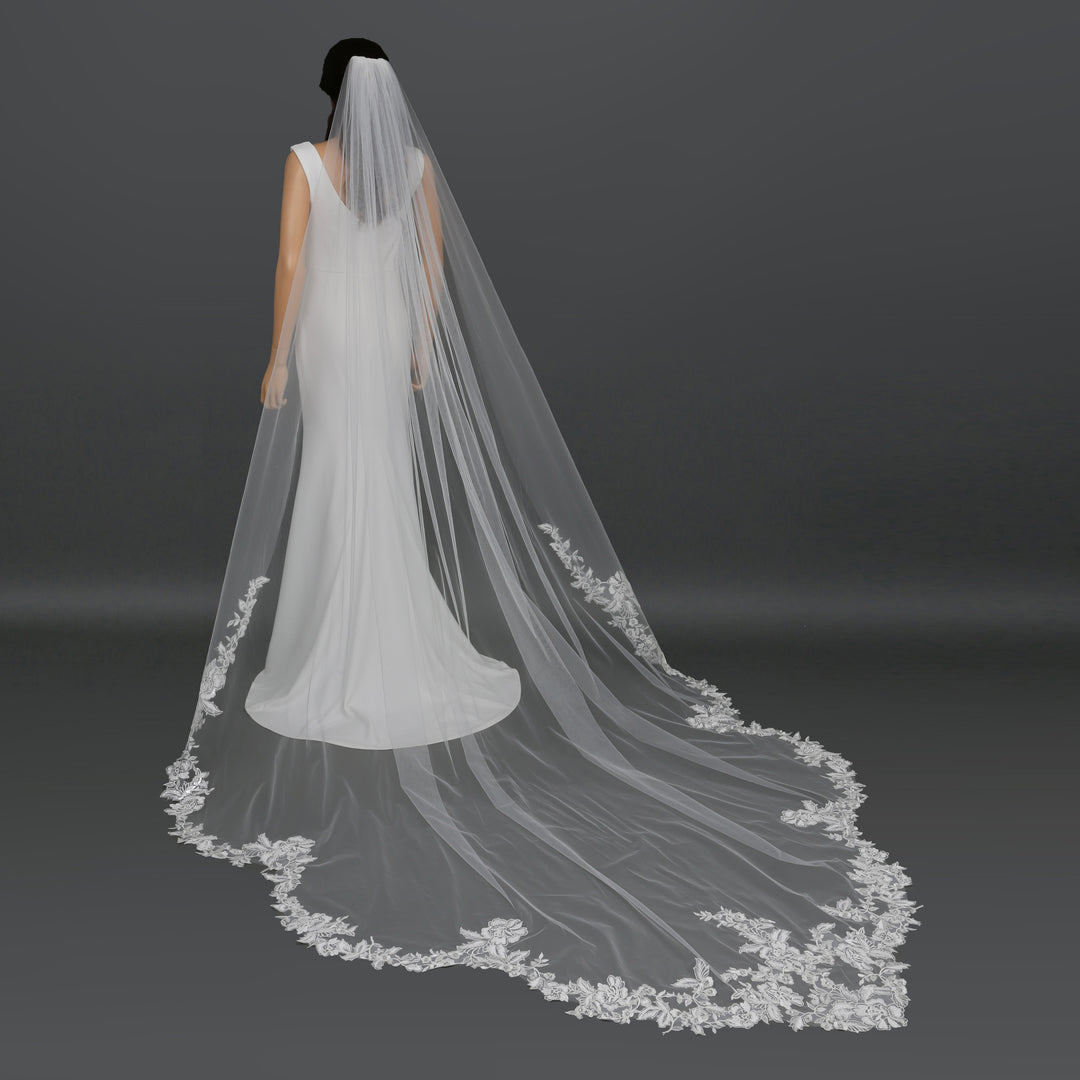 Side view of FS6291 showcasing scalloped lace edges and elegant flow.