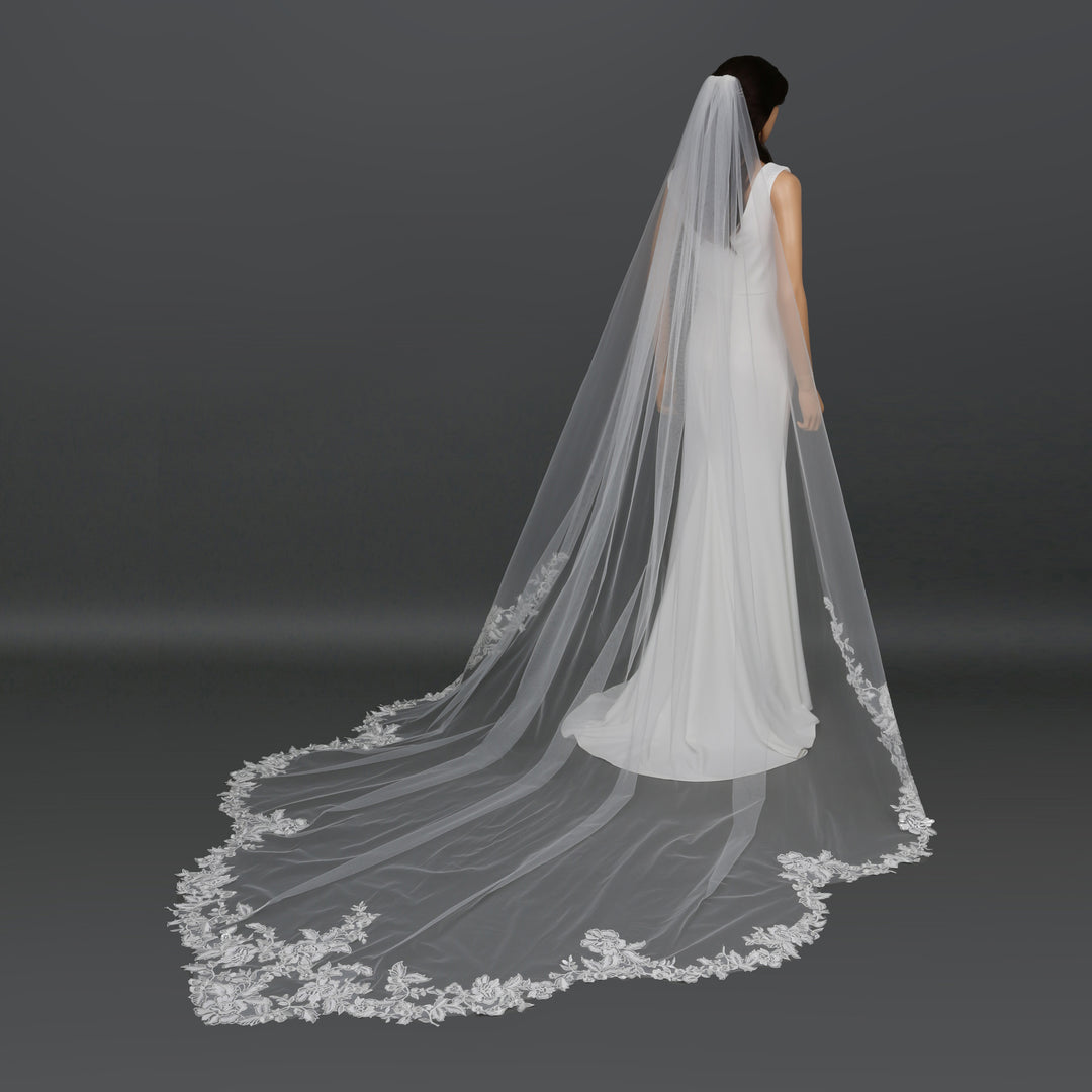 FS6291 mid-length bridal veil with floral lace embroidery, full-length view.