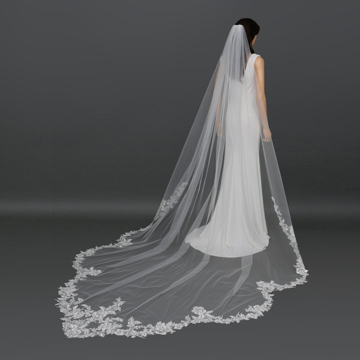 FS6291 mid-length bridal veil with floral lace embroidery, full-length view.