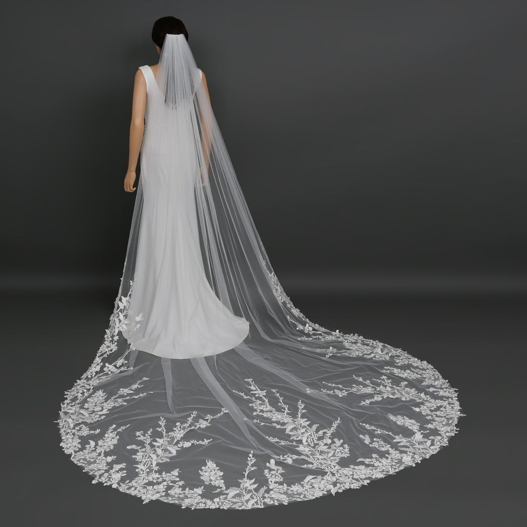 Side view of FS6295 showcasing scalloped lace edges and elegant flow.