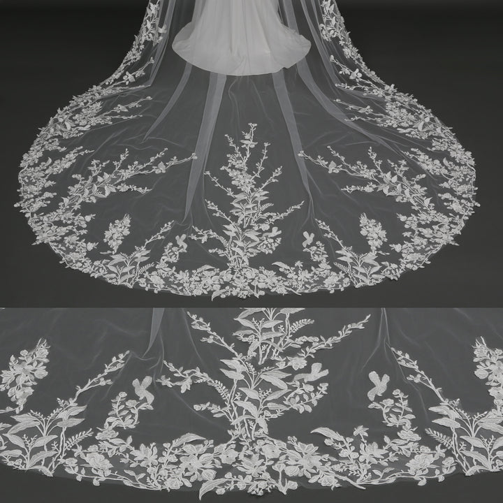 FS6295 cathedral-length bridal veil with floral lace embroidery, full-length view.