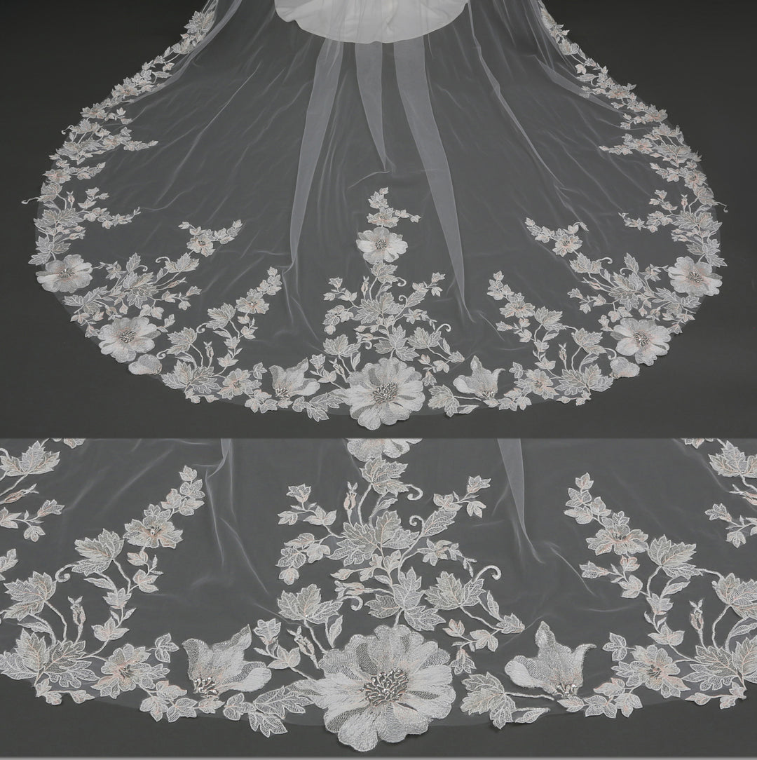 FS6297 chapel-length bridal veil with intricate floral lace embroidery, full view.