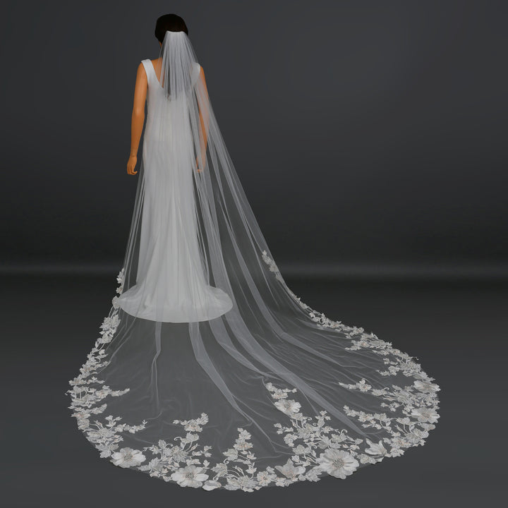 FS6297 bridal veil styled on mannequin, highlighting chapel-length design.