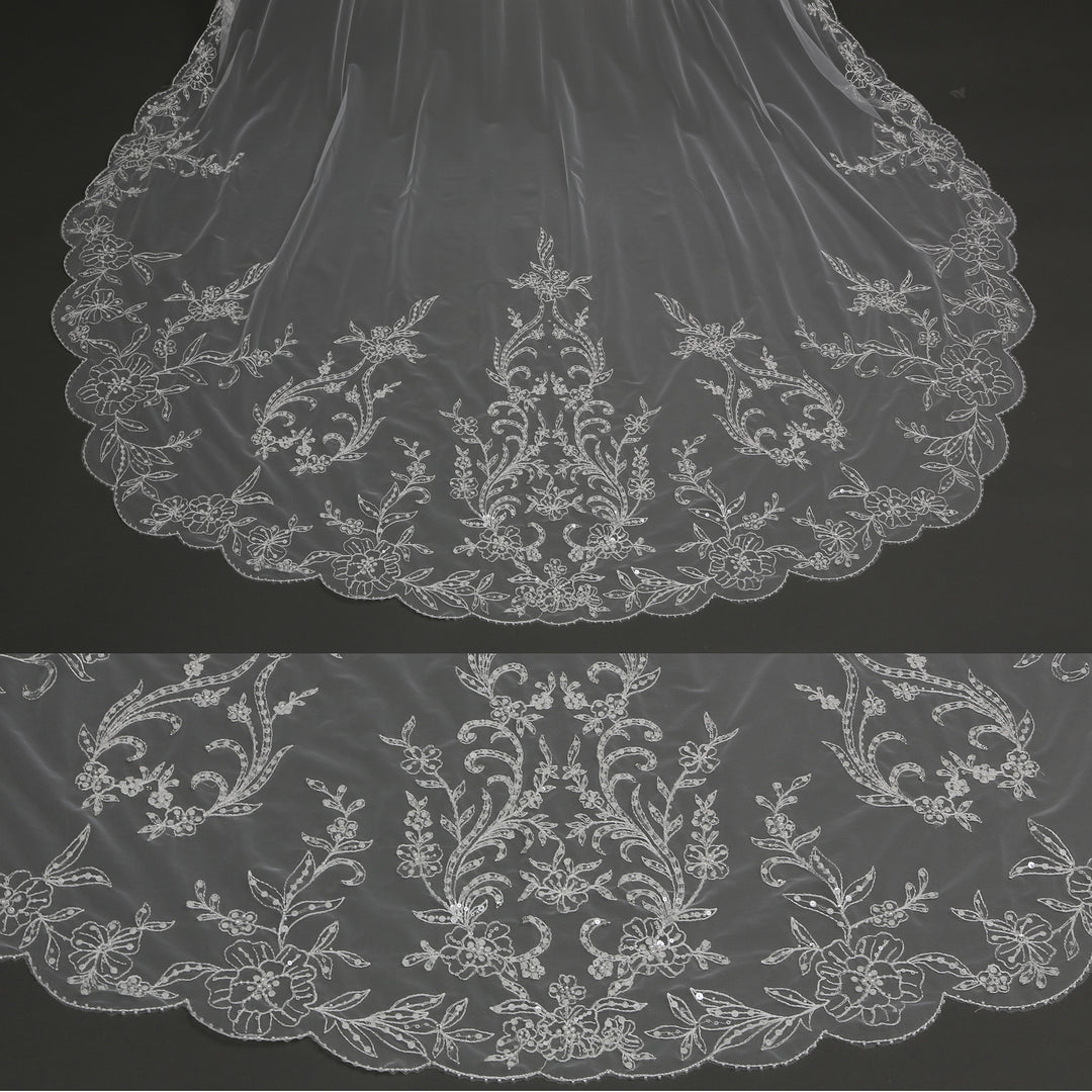 FS6298 cathedral-length bridal veil with intricate floral lace embroidery, full view.