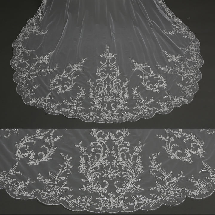 FS6298 cathedral-length bridal veil with intricate floral lace embroidery, full view.