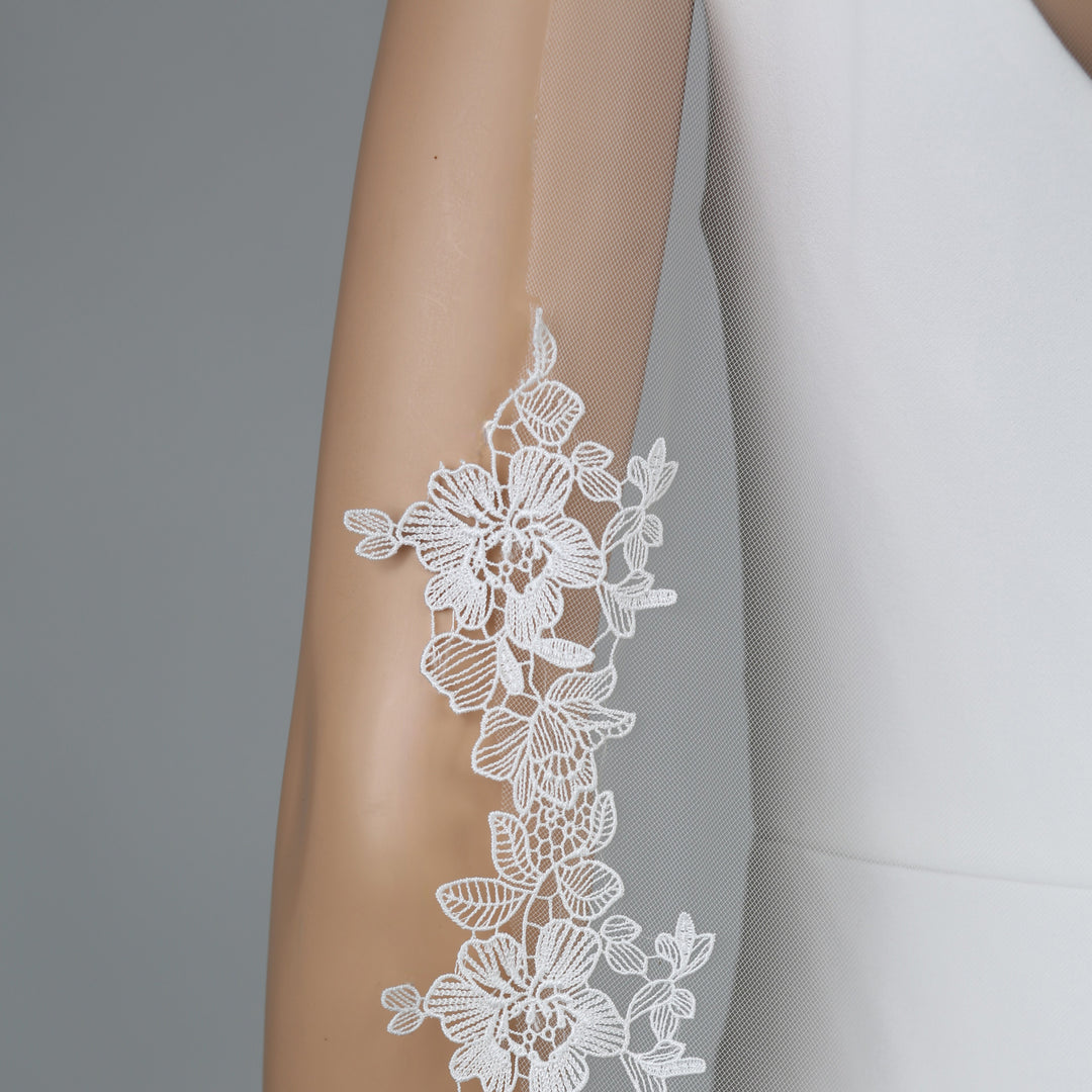 FS6300 mid-length bridal veil with floral lace embroidery, full view.