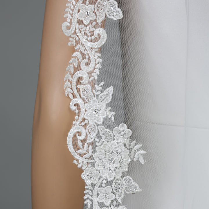 FS6301 cathedral-length bridal veil with intricate floral lace embroidery, full view.